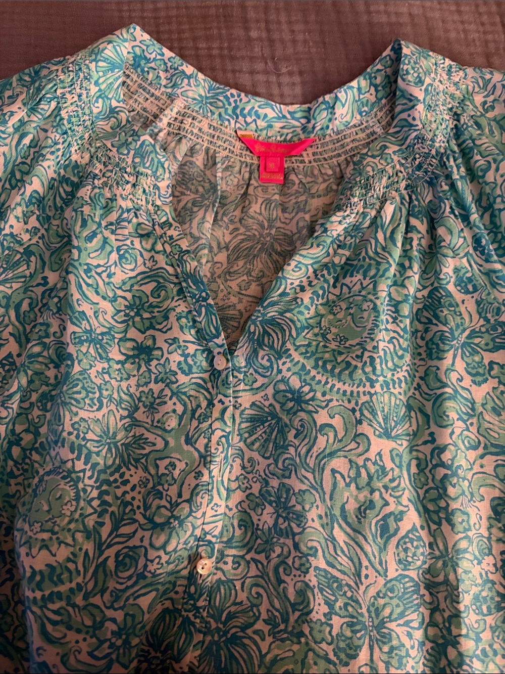 Lilly Pulitzer Teal & White Floral Button Linen Blouse